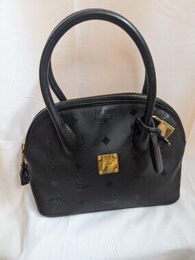 MCM Small Black Visetos Coated Canvas Handbag with Leather Handles